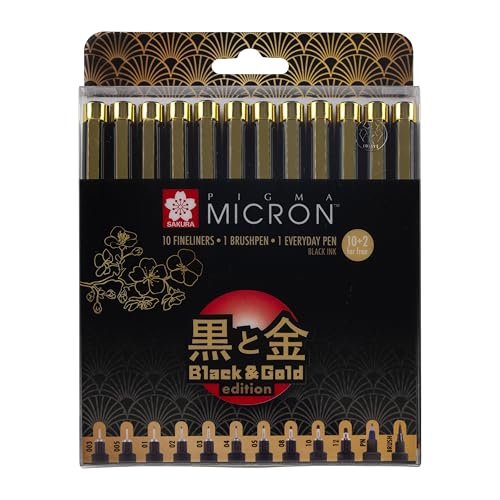 Sakura Pigma Micron Fineliner, Schwarz und Gold Edition, schwarze Tinte, 10 Stück + 2 gratis