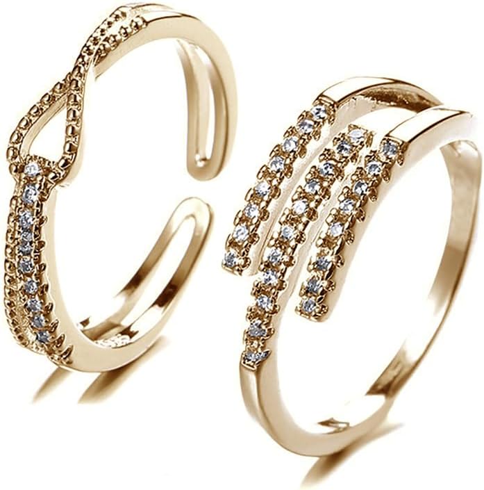 Adjustable Stackable Rings Set for Women, 14K Gold Plated & Silver CZ Wave Double Band Rings Set