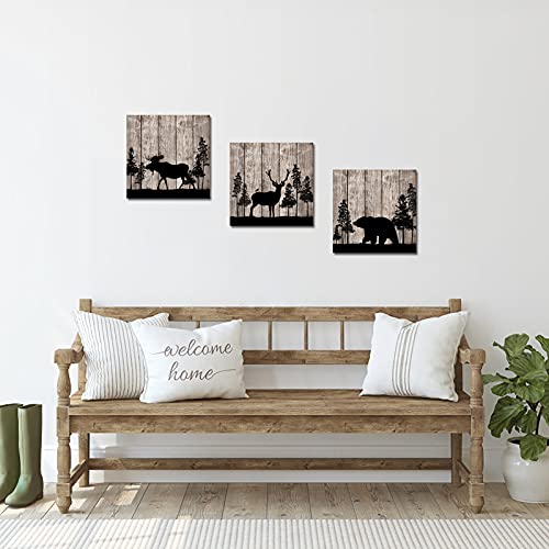 Simiwow Elk Moose Bear Painting Animal Canvas Prints Wall Art Hunting Theme Farmhouse Cabin Decor Pictures Rustic Vintage Framed Ready To Hang 12"X12"X3 Pieces #TOP2