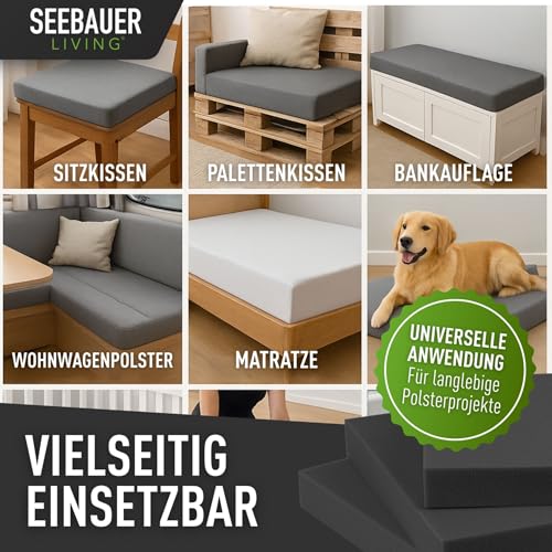 SEEBAUER living Schaumstoff Ultra Strong RG 60/70 (Sehr fest) 30 x 30 x 2 cm Schaumstoffplatte für Polster und Sitzkissen, Polsterschaumstoff als Zuschnitt für Sitzpolster