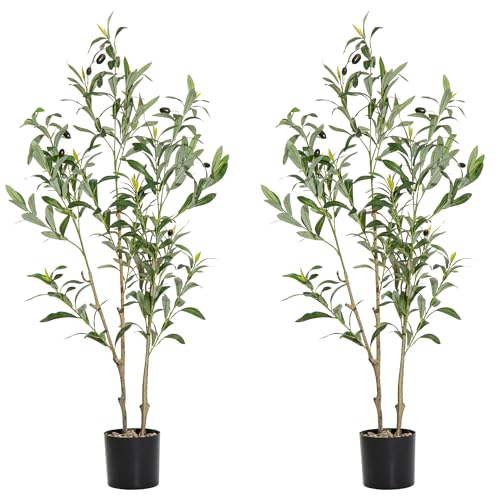 Image of MDAL Artificial Olive Tree 3.2ft Tall with Natural Wood Trunk and Lifelike Fruits,Artificial Tree Faux Silk Plant for Home Office Decor Indoor Faux Tree-Set of 2