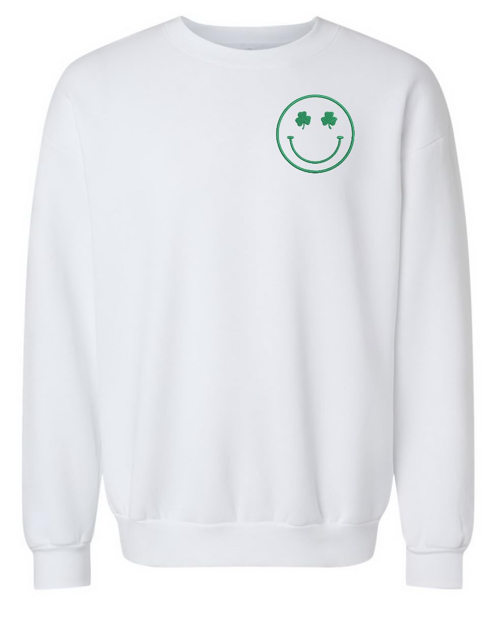 InkPressionsSt. Patricks Day Shamrock Smile Face Embroidered Crewneck Sweatshirt