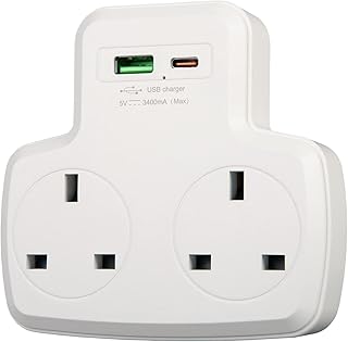 Double Plug Adaptor UK | Adaptor with 2 USB Ports | Type-C | 2 Way Adaptor | 3 Way Plugs Extension Multi Sockets | Short Circuit Protection | Double Adaptor Plug UK | UK Plug Sockets | (iN TECH)