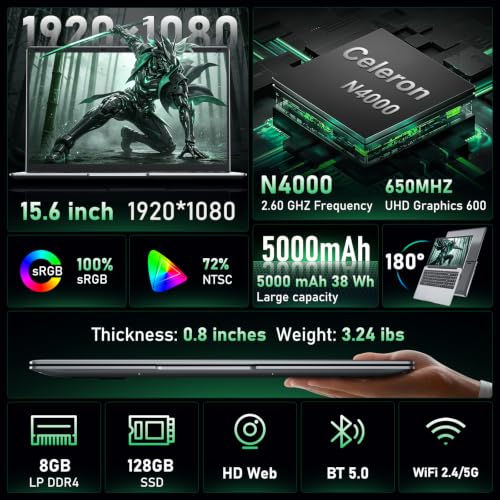 Image of Laptop Computer 15.6 inch Win11 Pro Laptops 4425Y Processor, 8GB RAM 256GB SSD,Ms Office 365,100% sRGB Screen, Notebook,Dual Band WiFi5 BT5.0,USB-A,HDMI,FHD 1920 * 1080 Display (Black)