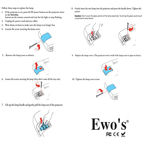 Ewo's Replacement Projector Lamp For Elplp96 Epson Powerlite Home Cinema 2100 2150 1060 660 760Hd Vs250 Vs350 Vs355 Ex9210 Ex9220 Ex3260 Ex5260 Ex7260 X39 W39 S39 109W V13H010L96 Lamp Bulb Replacement #TOP4