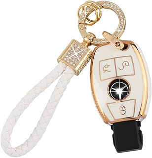 for Mercedes Key Fob Cover TPU Key Case Soft Car Keys Protector Fit Mercedes Benz AMG C E M S CLS CLA GLK GLA GLC GLE Smart Remote Key Keychain Girly Women White Gold