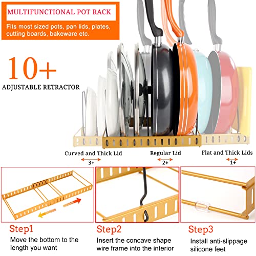 Weitelai Pot And Pan Organizer For Cabinet, Expandable Pots And Pans Organizer Holder 10 Adjustable Compartments Pot Lid Organizer For Cabinet Kitchen Cookware,Bakeware,Cutting Board Rack Golld #TOP2