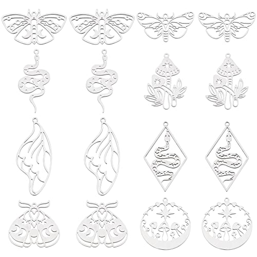 SUNNYCLUE 1 Box 16Pcs 8 Styles Stainless Steel Animal Charms Tarot Style Ladybugs Snake Mushroom Butterfly Wing Charm for Jewellery Making Charms Findings Accessories DIY Necklace Earring Craft Women