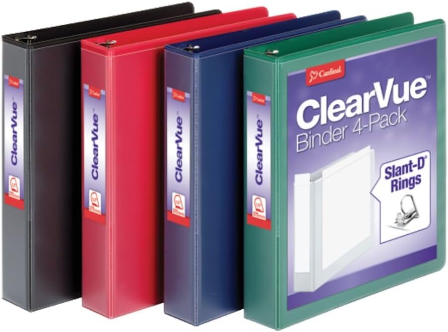 1.5 Inch 3 Ring Binder,Binder for School and Office, Durable D Ring, Assorted Colors, Black, Red, Blue, Green 4 Pack, Holds 375 Sheets (29300)