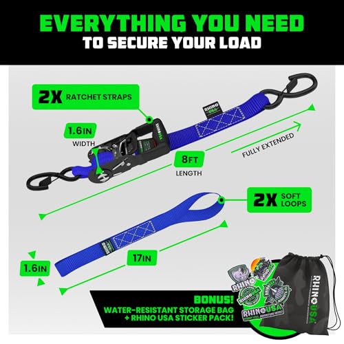 Image of Rhino USA Heavy Duty Ratchet Tie Downs (2-Pack) - 1.6in x 8ft, 5,000lb