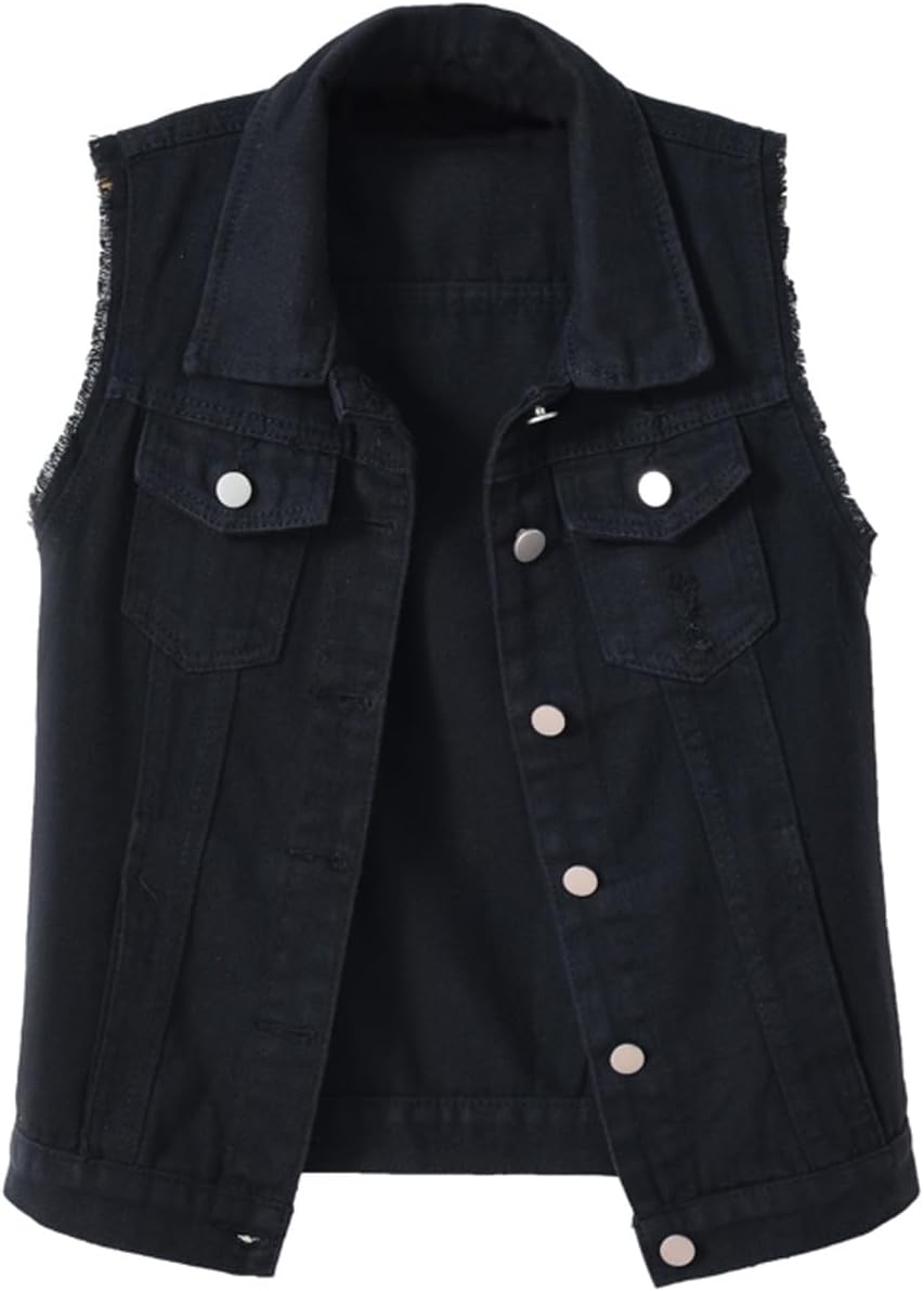 Women's Casual Denim Waistcoat Slim Fit Frayed Sleeveless Jacket Ripped Tops with Pockets
