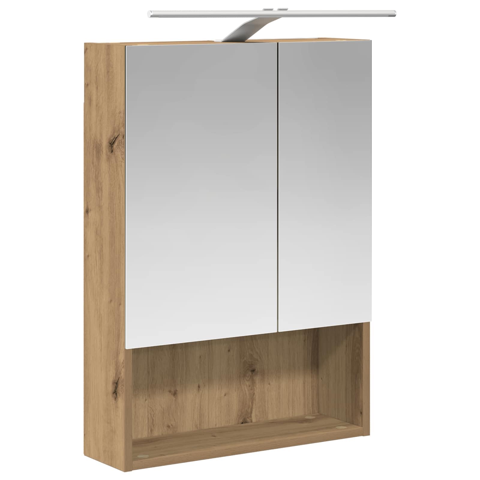 Szafka łazienkowa z lustrem, rzemiosło artystyczne, dąb, materiał drewnopochodny, 50 x 14,5 x 70 cm, z 2 półkami, paski LED, źródło zasilania USB, obustronne lustro montowane na ścianie, do