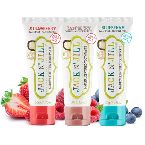Jack N Jill Natural Certified Toothpaste for Kids - Fluoride Free Kids & Toddlers Toothpaste Gently Cleans Teeth Helps Soothe Gums 40% Xylitol BPA Free - 1.76 oz (Variety Pack of 3)