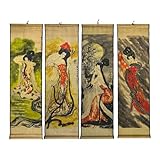 4 Panels Large Size Wall Scroll Hanging Paper Painting Reproduction Beauty Asian Art, for Feminism Bedroom Room Decor Ancient Oriental (4X14.2x49Inches)