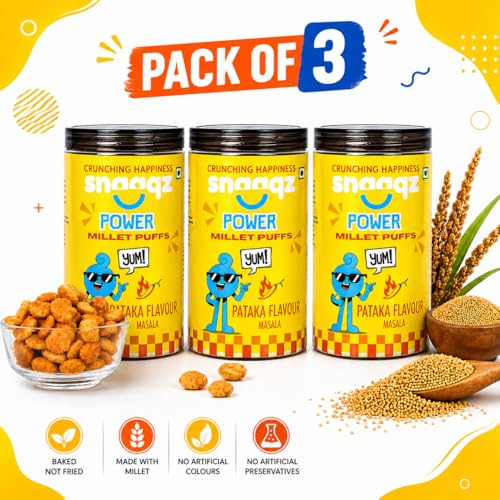 Image of Snaaqz Masala Millet Puffs Pack of 3 | Roasted Jowar Puffs 120g x 3 | Palm Oil Free Snack | Healthy Indian Millet Snack | Crunchy & Spicy Tea Time Namkeen