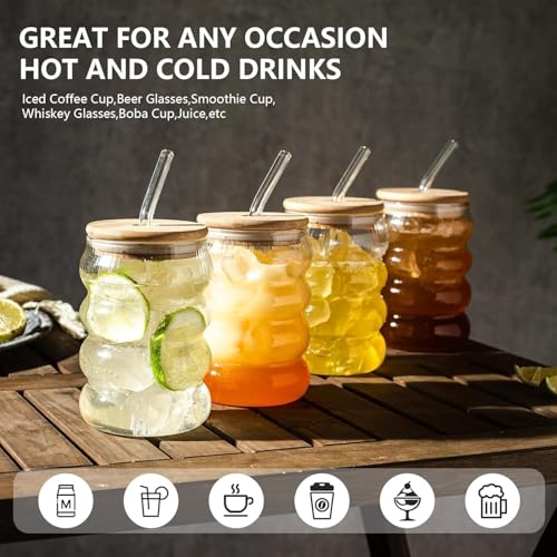Image of SYANKA Premium Bubble Glass Sipper Can Set of 4, 510 ML, Transparent, Mason Jar Cup with Lid and Straw, Drinking Glasses for Smoothies, Iced Coffee, Boba Tea, Cocktails, Beer, Juice & Milkshakes