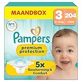 Pampers Premium Protection Maat 3, 204 Luiers, 6kg-10kg, Dubbele Bescherming voor de Huid en Tegen Lekken