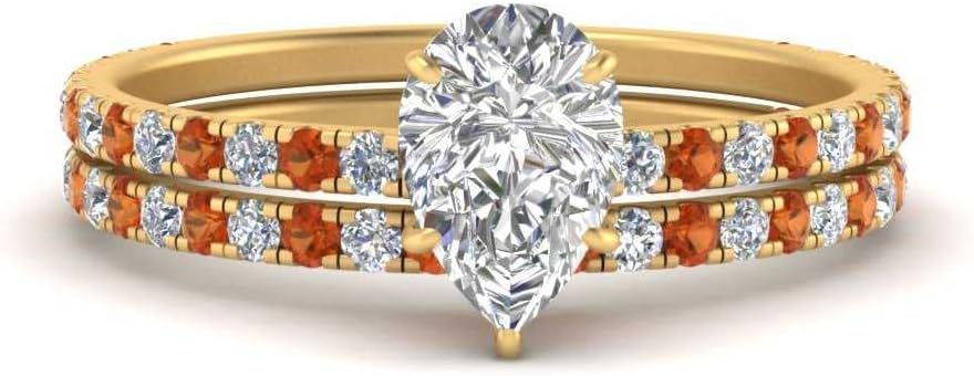 Choose Your Gemstone Three Quarter Diamond CZ Gallery Bridal Ring Yellow Gold Plated Pear Shape Wedding Ring Minimal Modern Design Birthday Wedding Gift US Size 4 to 12