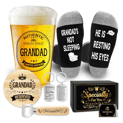 Epaing Grandad Birthday Gifts Beer Glass Set 500ml Pint Glass Grandad Gifts from Grandchildren Personalised Beer Glass and Socks Presents for Retirement with Keyring Bottle Opener Coaster Card