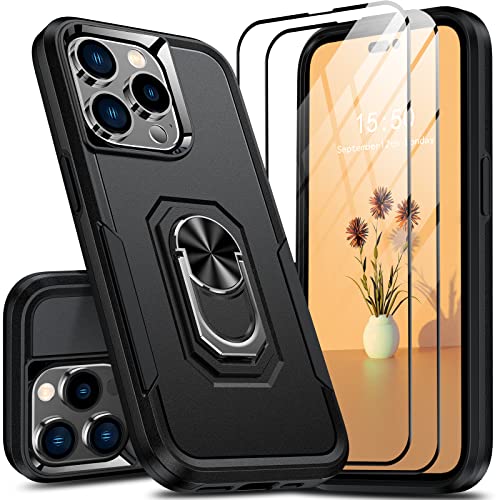 Oterkin für iPhone 14 Pro Hülle, Fallschutz in Militärqualität, Handyhülle iPhone 14 Pro mit 2 9H Schutzfolie, Rundumschutz, 2 Layer Schutzhülle, Stoßfest Case mit 360° Drehbarem Ringhalter(Schwarz) Cover
