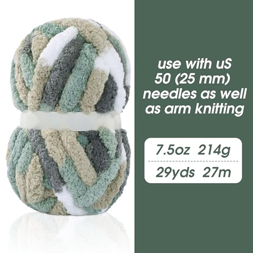 Image of Maboozo Tie Dye Chunky Yarn 8 Pack, Grey, Green, White Fluffy Jumbo Chenille, Soft Plush Bulky, Giant Thick Fuzzy Yarn for Crocheting, Hand Knitting or Arm Knitting (26 yds, 7.5 oz Each)