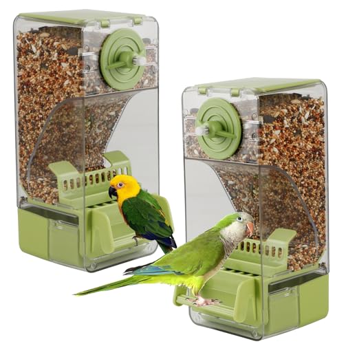 Image of Bird Feeder No Mess 2PCS Automatic Clear Bird Seed Food Container Acrylic Parrot Feeder Dispenser Cage Accessories for Parakeet Budgies Cockatoo Canary Love Bird (Green)