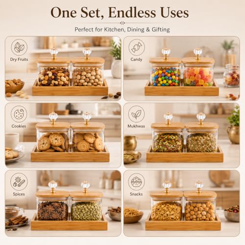 Image of 500ML Glass Storage Jar Set with Bamboo Tray & Airtight Bamboo Lid, Transparent Kitchen Containers for Dry Fruits, Snacks, Candy, Mukhwas & Tea Storage, Set of 2