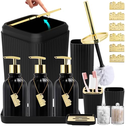 WSBArt Bathroom Set Black Bathroom Set Black and Gold Bathroom Accessories Set with Trash Can 3PCS Soap Dispenser Bathroom Sets