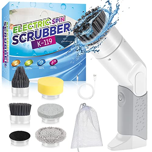 Handheld Electric Spin Scrubber, Cordless Power Scrubber Cleaning Brush - 5 Brush Heads, Drawstring Bag, Rechargeable Shower Scrubber Bathroom Scrubber for Kitchen Tub Tile Sink Car Grout Dish Shoes Handheld Electric Spin Scrubber, Cordless Power Scrubber Cleaning Brush - 5 Brush Heads, Drawstring Bag, Rechargeable Shower Scrubber Bathroom Scrubber for Kitchen Tub Tile Sink Car Grout Dish Shoes