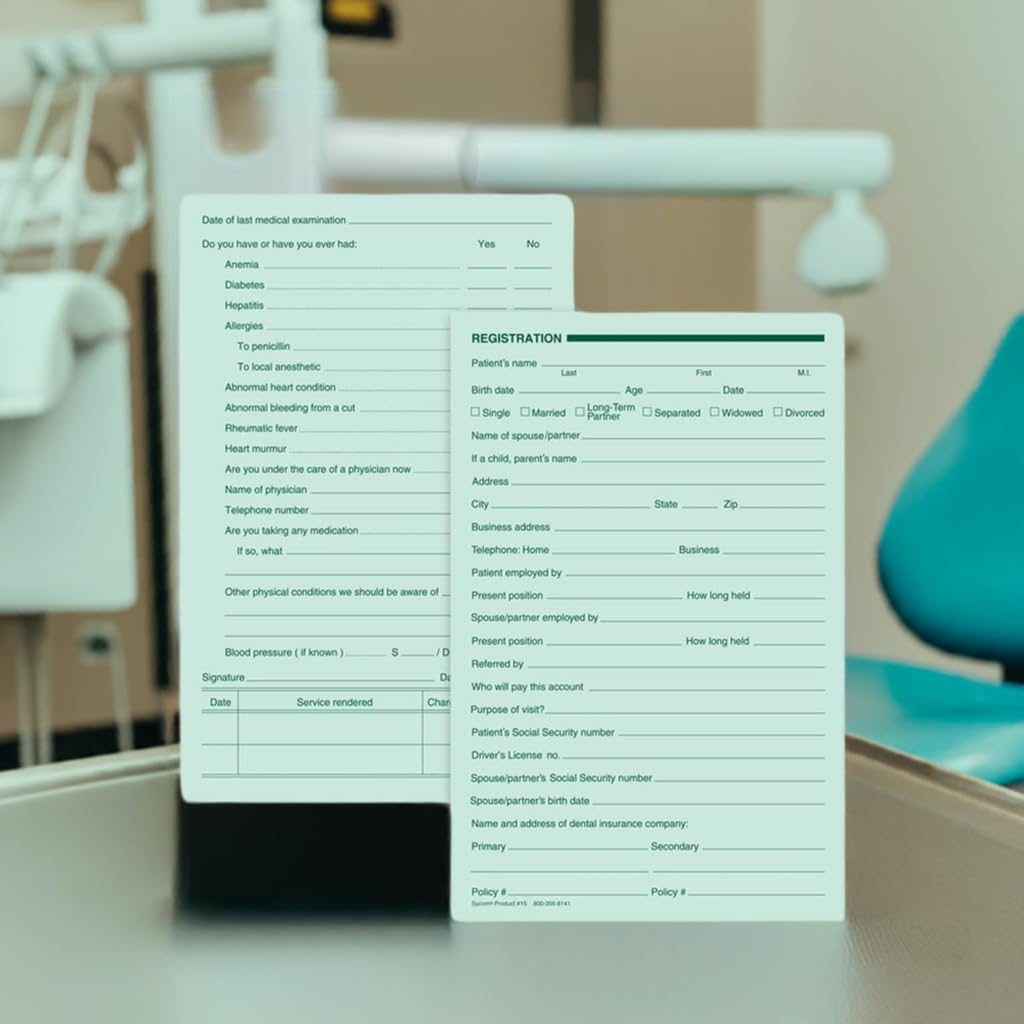5Forms 15 Dental Registration Forms Two Sided Green Ledger 5 1/2 x 8 1/2