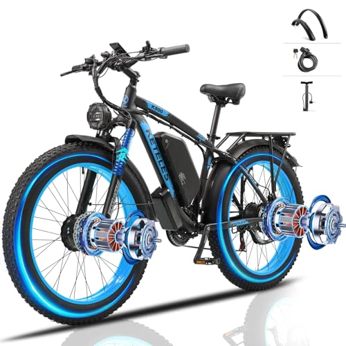 JESRIDER Dual Motor Electric Bike for Adults Peak 3000W, 32+MPH，26" Fat Tire Ebike with Phone Holder,48V 23Ah Removable Battery, Hydraulic Disc Brake, Adjustable Seat, All-Terrain E-Bike (Blue)