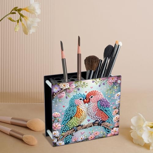 Image of DIY 5D Diamond Painting Pen Holder - Colorful Parrot Couple Pencil Organizer for Bird Lovers, 5D DIY Desk Organizer with Beads, Pencil Organizer for Craft Desk or Gift