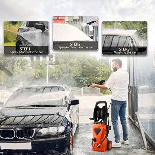 Suyncll Pressure Washer 3000PSI Electric Power Washer with Hose Reel and Brush,High Pressure Washer for Driveway Fence Patio Deck Cleaning (Orange)
