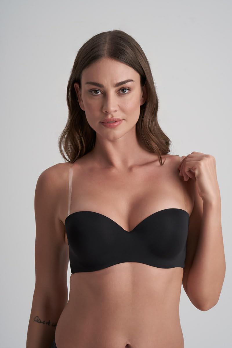 Bye Bra - Reggiseno Fascia Push-up progressivo Strapless, Nero , S