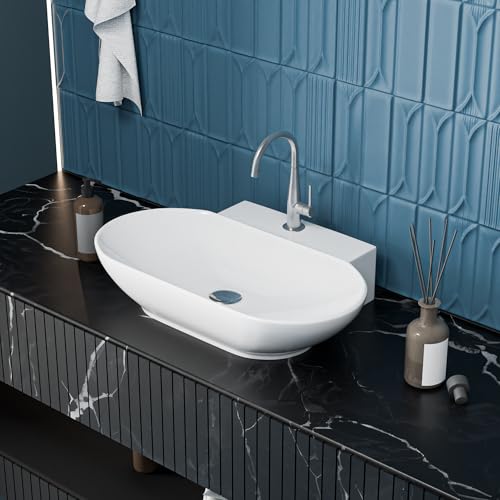Image of Meta Bathware Premium Oval Wash Basin | Wall Mount Ceramic Sink for Bathroom | Sleek Glossy Finish | Scratch Resistant & Easy Clean | Modern Sanitary Ware for Home & Office (22.5x16x5 Inch)