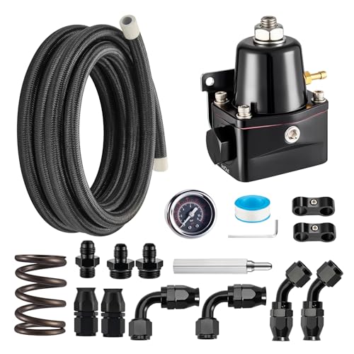EVIL ENERGY EFI Fuel Pressure Regulator Kit Adjustable (20-120PSI) with Gauge 6AN PTFE Fuel Line Hose Fitting Connectors Kit Universal Aluminum (black)