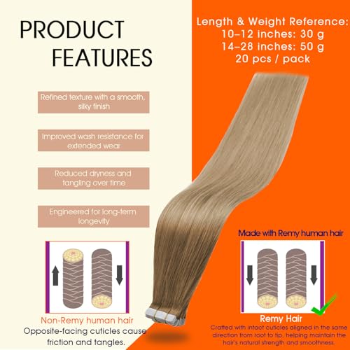 Image of Full Shine 16Inch Tape in Hair Extensions Seamless Straight Tape in Extensions Ombre Human Hair Extensions 50G 20Pcs Color 10 Golden Brown to 14 Dark Blonde Real Remy Human Hair Extension for Wedding