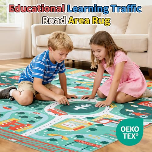 UKISS Educational Play Rug，55"x55" Traffic Road Kids Car Mat,Non-Slip Washable City Kids Play Mat,Area Rug Kid Carpet for Playroom Living Room Nursery Room Decor,Green — view 3
