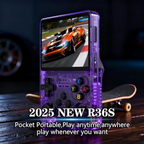 Image of PLUSPOINT R36S Portable Handheld Game Console (64GB) with 18000+ Retro Classic Preloaded Video Games, 3.5 Inch IPS Display,Rechargeable Battery , Pocket Arcade Gaming Device (Purple)