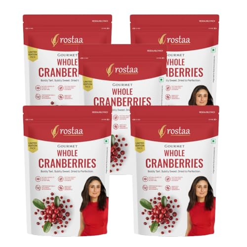 Image of Rostaa Gourmet Whole Cranberries | Premium Dried Cranberrie Rich in Antioxidants, Fiber & Vitamin C | Supports Immunity, Digestion & Heart Health | Naturally Sweet & Tangy Healthy Snack | 200g (1000 GM, Whole Cranberrie )