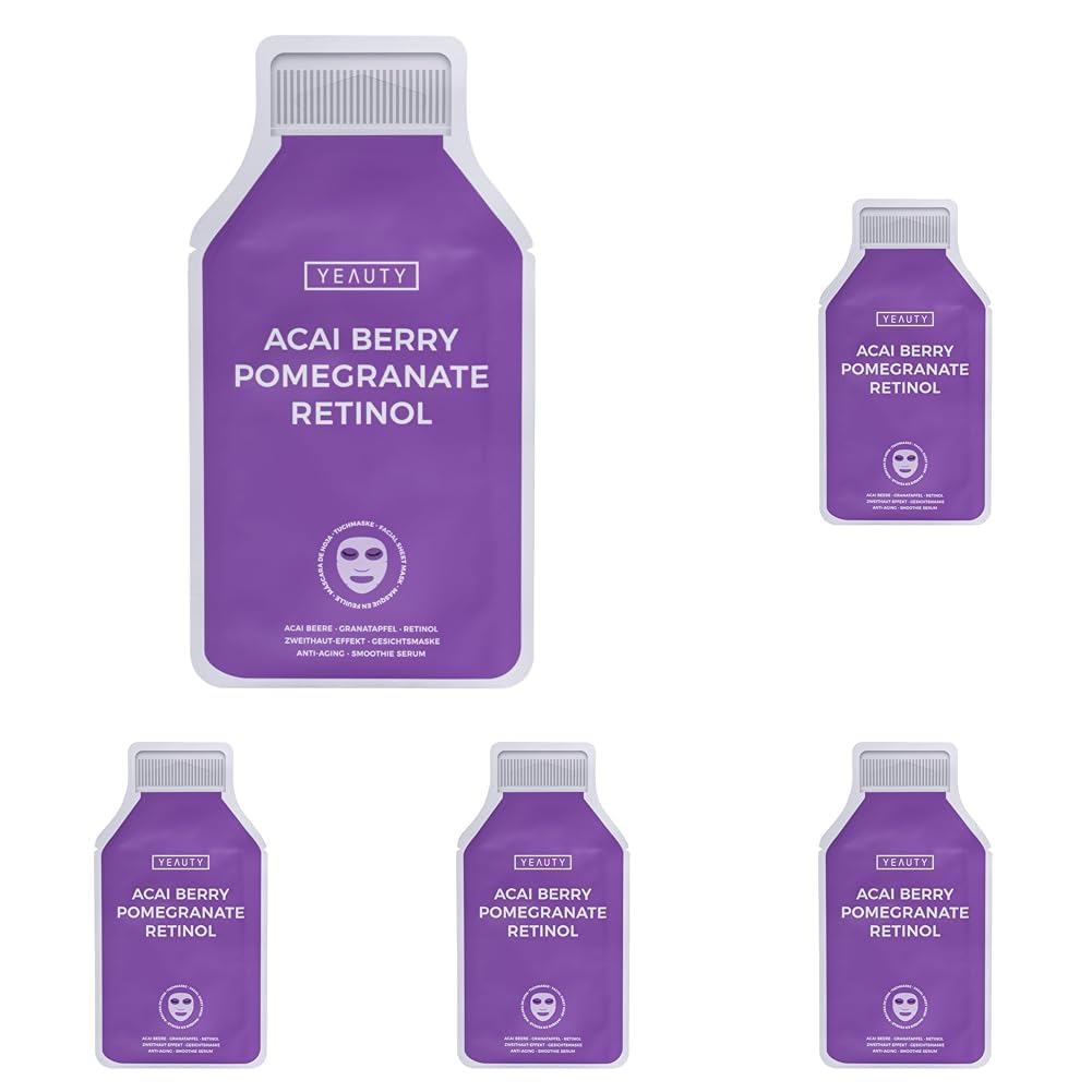 YEAUTY SMOOTHIE Tuchmaske Acai Berry, Pomegranate, Retinol – Feuchtigkeitsspendende Gesichtsmaske für intensive Pflege, strahlende Haut – 100% biologisch abbaubar – 5er Pack