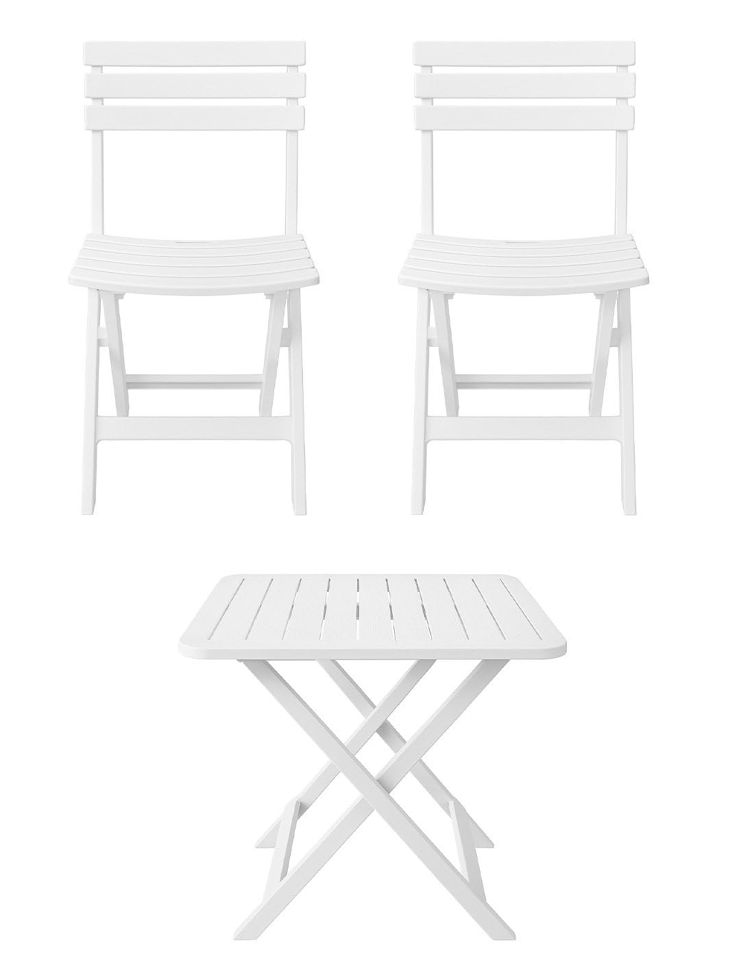 Jardin202 – Set de Balcón Plegable Blanco | Mesa 79x72 cm y Sillas de Resina | Conjunto Mobiliario Exterior para Terraza, Jardín o Camping | Resistente Intemperie | 2 Sillas + 1 Mesa