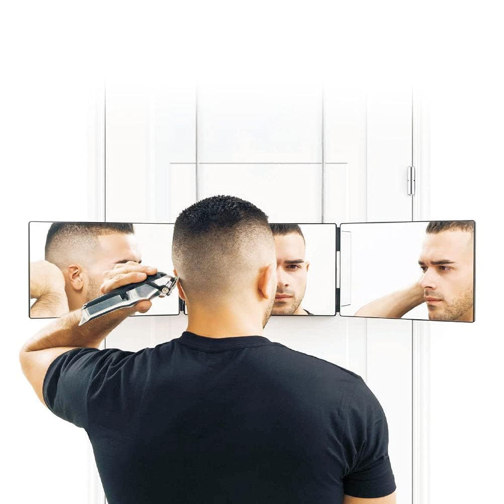 Pihura 2024 New 3 Way Mirror for Hair Cutting, 360 Mirror for Self Hair Cutting,Barber Mirrors for Men Women,Trifold Mirror to See Back of Head,Height Adjustable Telescoping Hook 3