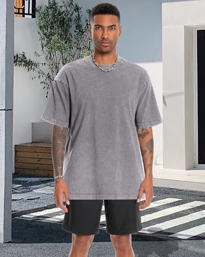 Oversized Tshirts for Men Short Sleeve Vintage Washed Basic Loose Tees, Solid Grey, L - Image 6