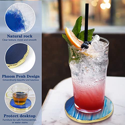 Nuoditos Blue 3.5-4" Agate Coasters Set Of 4, Geode Coasters, Agate Coasters, Spar Coasters, Crystal Coasters For Home Decor, Gift, Coffee Table，Coasters For Drinks #TOP3