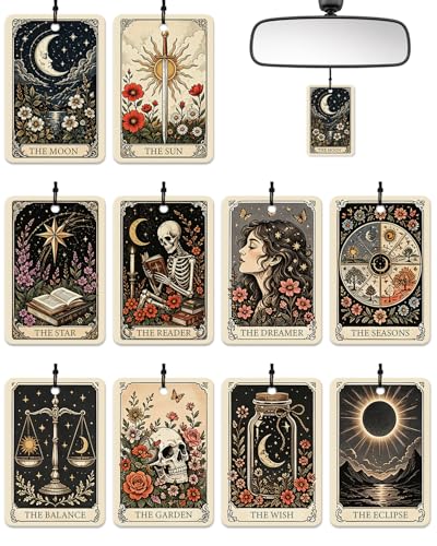 Image of 10PCS Tarot Inspired Car Air Fresheners - Vintage Tarot Gothic Hanging Air Freshener, Car Mirror Hanging Accessories, Goth Accessories, Witchy Gifts Rearview Mirror Charms for Women