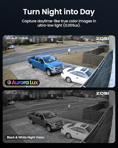 Image of ZOSI 4K PoE Security Camera System, True Full Color Night Vision, Person Vehicle Detection, 2 Way Audio, 8pcs 4K C186 Aurora Lux Outdoor PoE Cameras, 8MP 16CH NVR with 4TB HDD for 24 /7 Recording