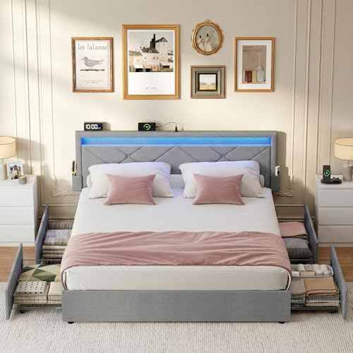 VASAGLE Lit Double, 140 x 190 cm, avec LED, en Métal, 4 Tiroirs, Multiprise, Tête de Lit Rembourrée Ajustable, Pas Besoin de Sommier, Gris Clair et Noir Mat...