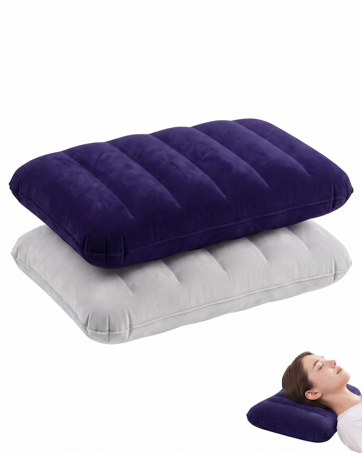 Cuscini Gonfiabili da Viaggio Set 2 Blu+Grigio – Ultraleggeri, Portatili e Multifunzione per Campeggio, Escursionismo, Spiaggia, Supporto Ergonomico.