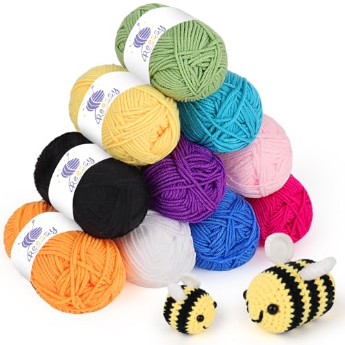 Reessy Crochet Yarn Set 250g(10 × 25g), Multi-Coloured Knitting Wool Acrylic Yarn for Beginners Learn to Crochet, Super Soft 4 Ply Yarn for Crochet Dolls Handcrafts